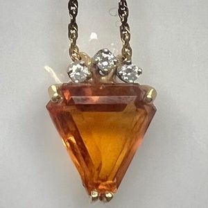 14K Y Gold Necklace: Natural Orange Citrine Trillion Shaped Pendant & Diamonds.